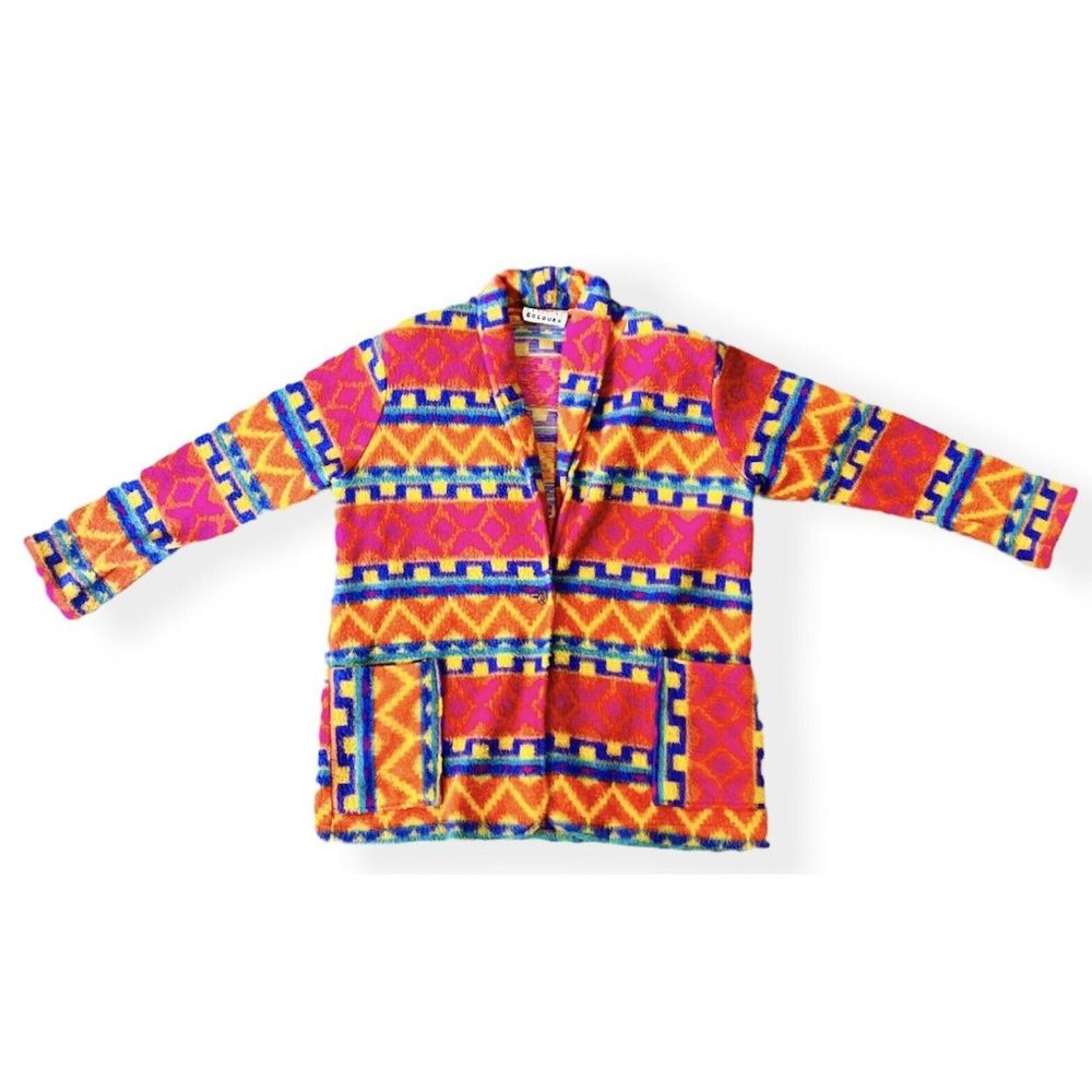 Aztec Tribal Cardigan Vintage Carolina Colours Vibrant Rainbow One Button Large